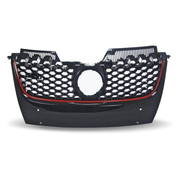 JOM Frontgrill GTI look med honey comb gitter i sort med rød liste til VW Golf 5 Styling > Frontgrill